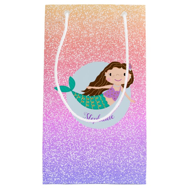 Sacola Para Presentes Pequena Glitter Sereia Bastante Personalizado (Frente)