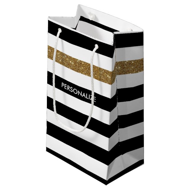 Sacola Para Presentes Pequena Glitz e nome Dourados de FAUX em Black Stripes Mod (Frente inclinada)