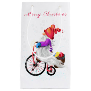 Sacola Para Presentes Pequena Gnome engraçado com bicicleta e presentes - Natal