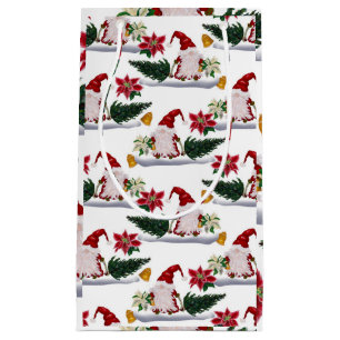 Sacola Para Presentes Pequena Gnomos Natalinos Festivos, Poinsettia e Sininhos