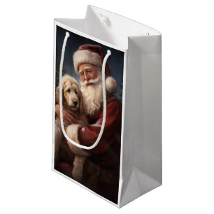 Sacola Para Presentes Pequena Goldendoodle com Papai Noel Natal Festivo