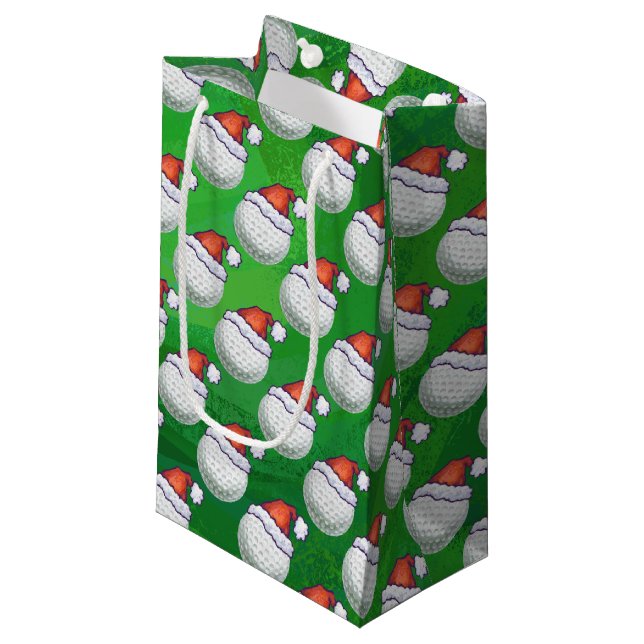 Sacola Para Presentes Pequena Golf Ball em Santa Hat - Padrão em Verde (Frente inclinada)