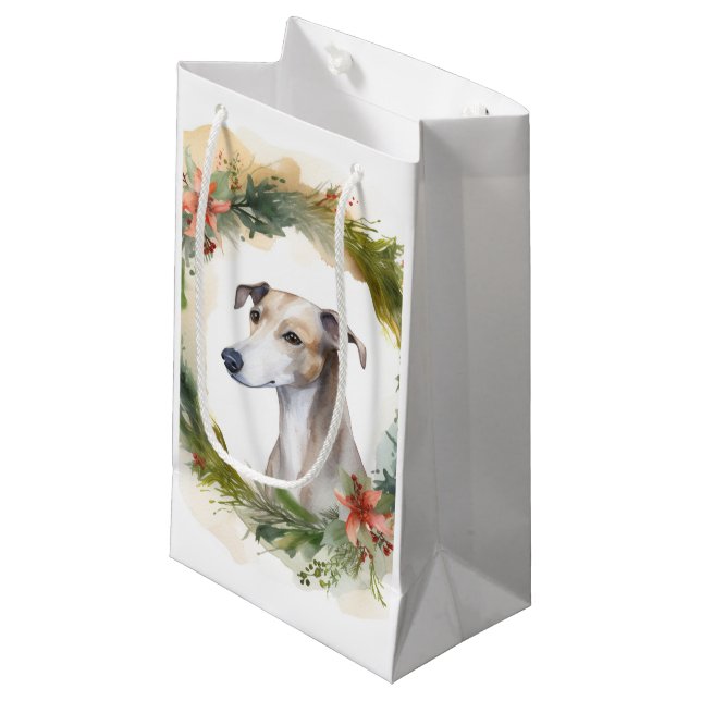 Sacola Para Presentes Pequena Greyhound Christmas Wreath Festivo Pup (Frente inclinada)