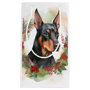 Sacola Para Presentes Pequena Grinalda de Natal de Doberman Cachorro Festivo