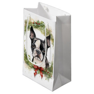 Sacola Para Presentes Pequena Grinalda de Natal do Boston Terrier Cachorro Festi