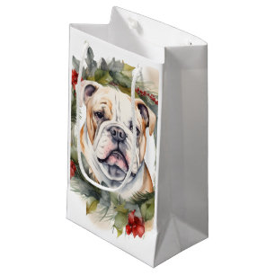 Sacola Para Presentes Pequena Grinalda de Natal do Bulldog Pupila Festiva