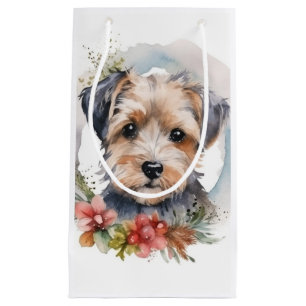 Sacola Para Presentes Pequena Grinalda de Natal Yorkipoo Cachorro Festivo