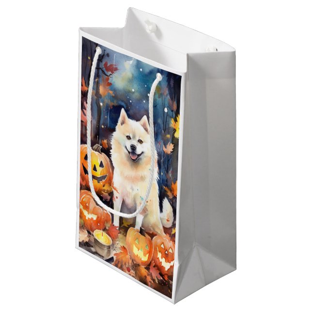 Sacola Para Presentes Pequena Halloween American Akita Com Pumpkins Assustado (Frente inclinada)