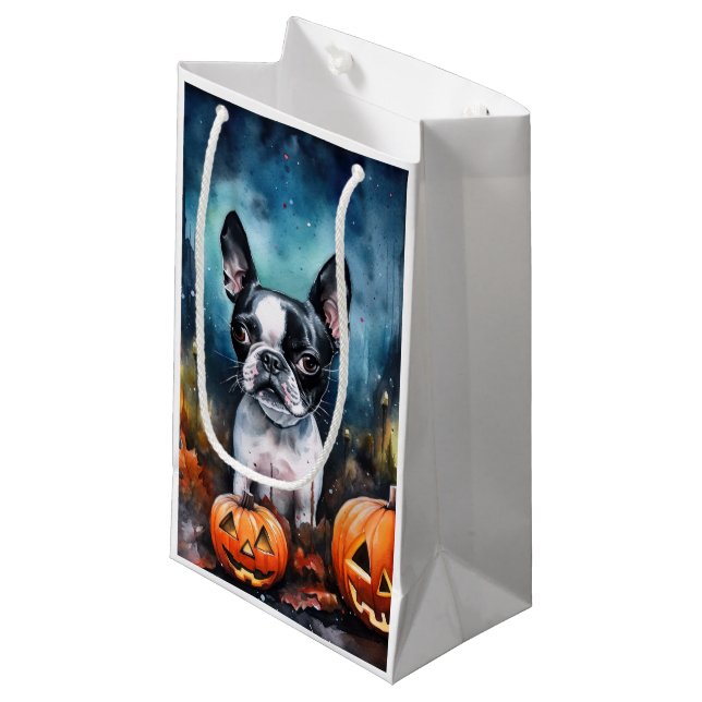 Sacola Para Presentes Pequena Halloween Boston Terrier Com Pumpkins Assustado (Frente inclinada)