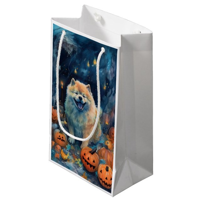 Sacola Para Presentes Pequena Halloween Chow Chow Com Pumpkins Assustado (Frente inclinada)