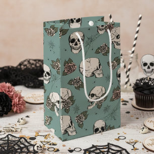 Sacola Para Presentes Pequena Halloween de Rosas e crânios góticos verdes Eucaly