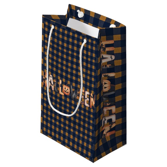 Sacola Para Presentes Pequena Halloween Plaid Pumpkin (Frente inclinada)