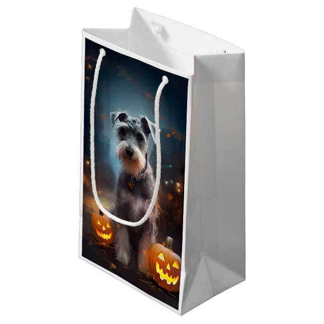 Sacola Para Presentes Pequena Halloween Schnauzer Com Pumpkins Assustado (Frente inclinada)