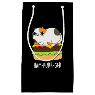 Sacola Para Presentes Pequena Ham-Purr-Ger Funny Cat Hamburger Pun Dark BG