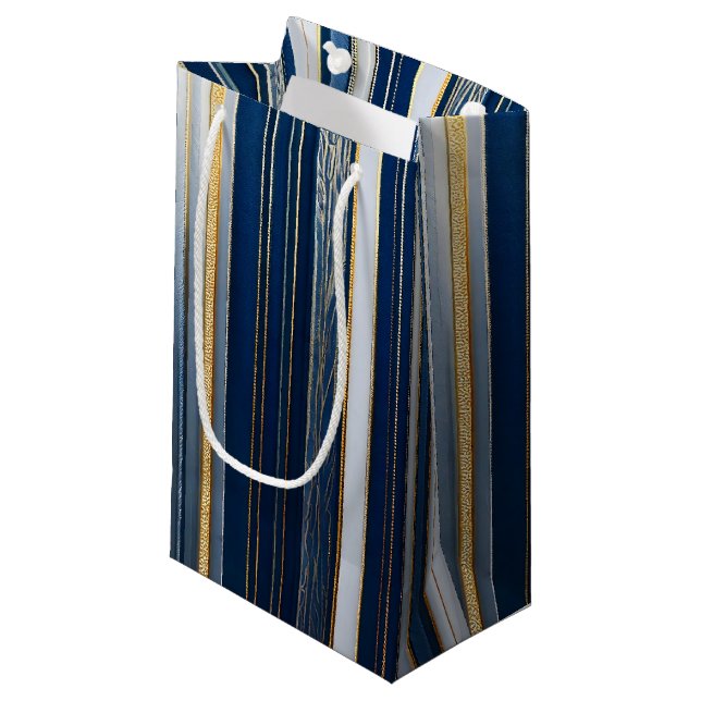 Sacola Para Presentes Pequena Hanukkah Blues Stripes Azul Branco Dourado (Frente inclinada)