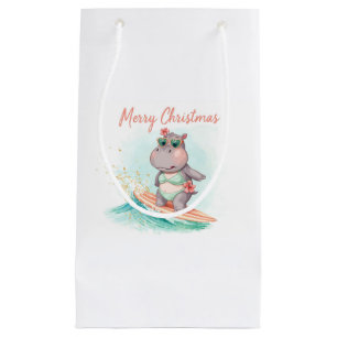 Sacola Para Presentes Pequena Hipopótamo de Surfe Biquíni Natal 
