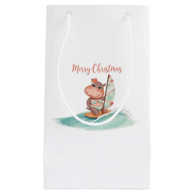 Sacola Para Presentes Pequena Hipopótamo de Surfe Biquíni Natal  (Frente)