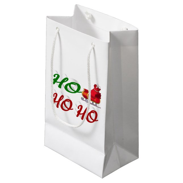 Sacola Para Presentes Pequena Ho Ho Ho Papais noeis Sleigh Christmas green scrip (Frente inclinada)