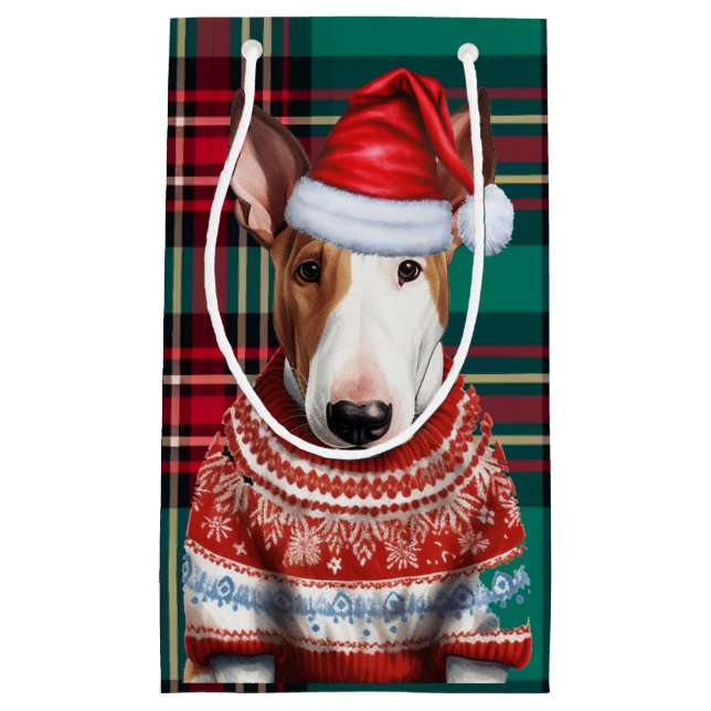 Sacola Para Presentes Pequena Holiday Bull Terrier Dog Red Green Xadrez Natal (Frente)