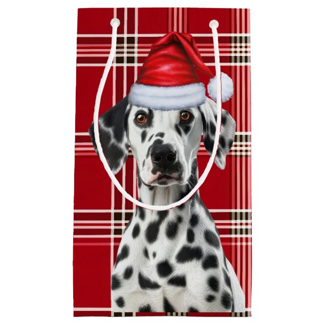 Sacola Para Presentes Pequena Holiday Dalmatian Dog Red Festive Plaid Christmas (Frente)