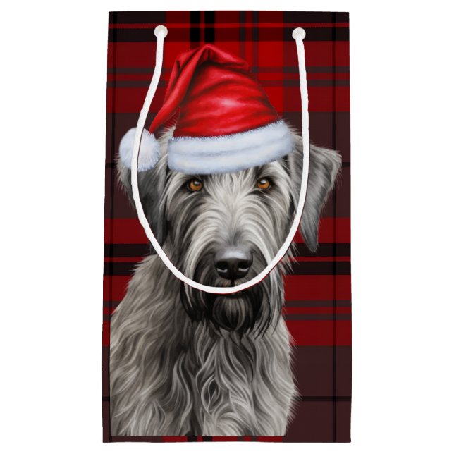 Sacola Para Presentes Pequena Holiday Irish Wolfhound Dog Red Plaid Christmas (Frente)