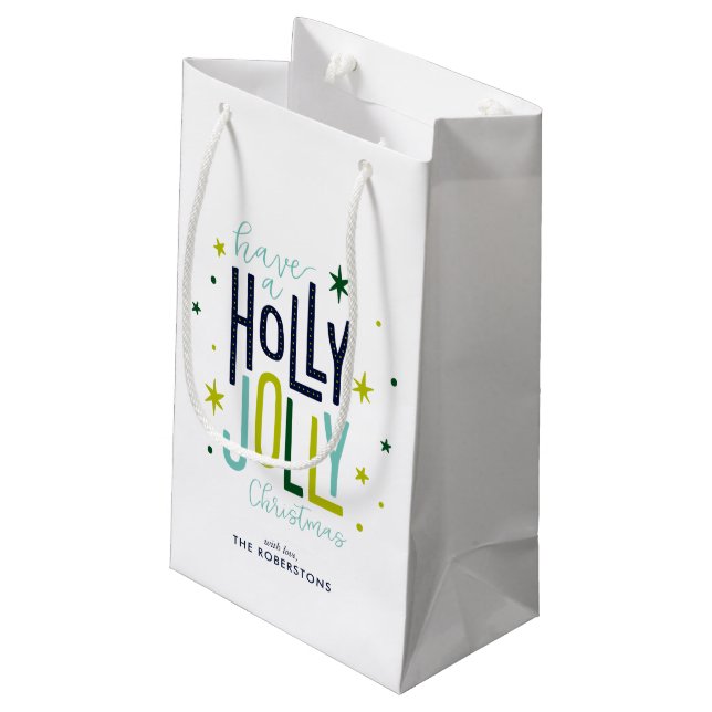 Sacola Para Presentes Pequena "Holly Jolly", Natal personalizado (Verso inclinado)