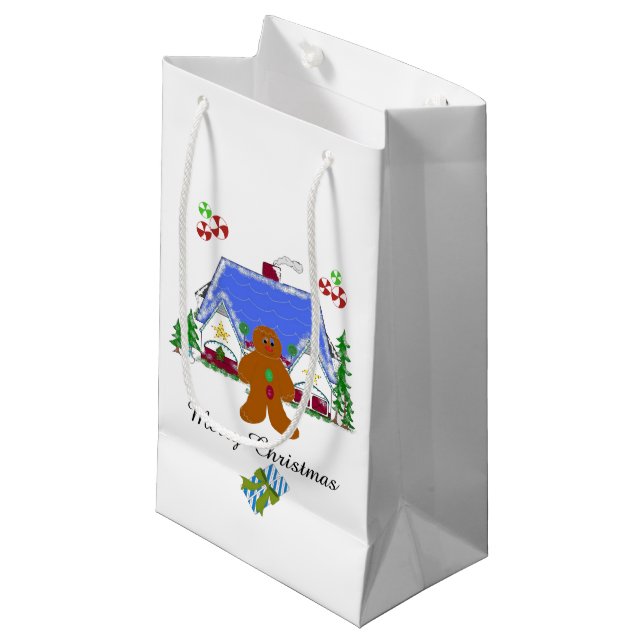 Sacola Para Presentes Pequena Homem de Biscoito e Casa (Frente inclinada)