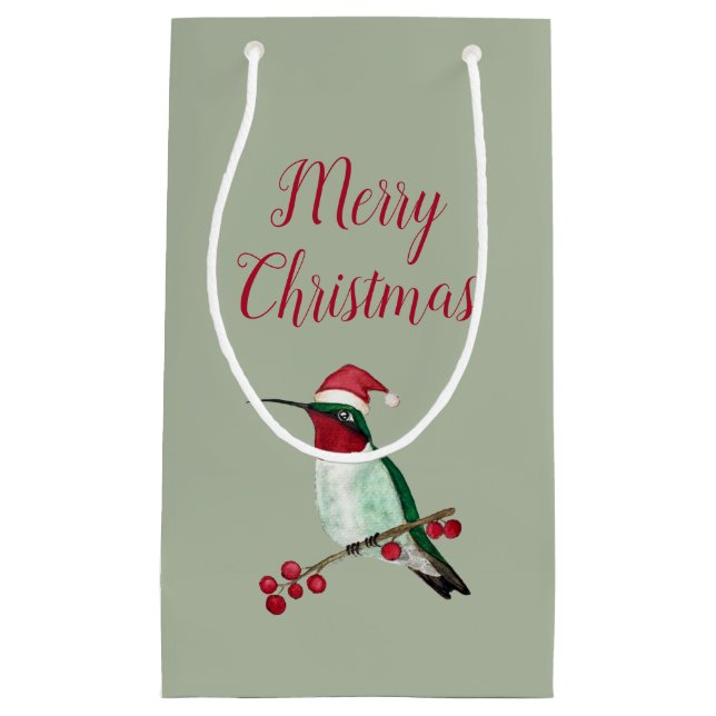 Sacola Para Presentes Pequena Hummingbird com garganta de rubi natalino (Frente)