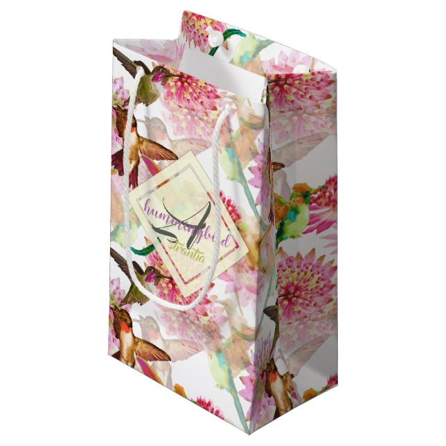Sacola Para Presentes Pequena Hummingbird e Astrantia Monograma Aquarela (Frente inclinada)