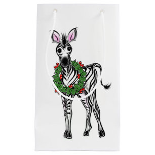 Sacola Para Presentes Pequena Ilustração de Zebra Festiva Foliday, Holly Wreath