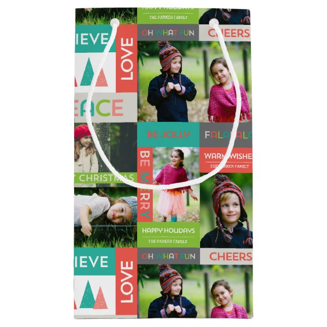 Sacola Para Presentes Pequena Impressão de Fotografias de Férias Feliz e Brilhan (Verso)