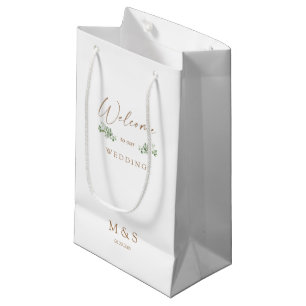 Sacola Para Presentes Pequena Iniciais Eucalyptus Wedding Favor White & Dourado