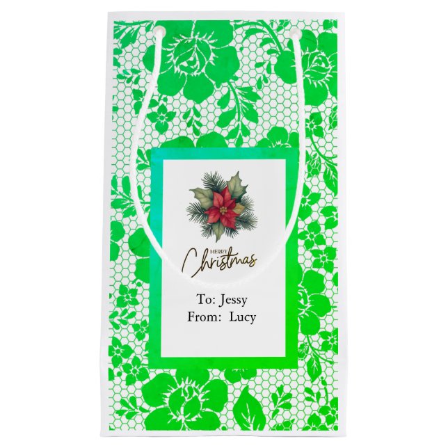Sacola Para Presentes Pequena iridescent green lace with Christmas flower (Frente)