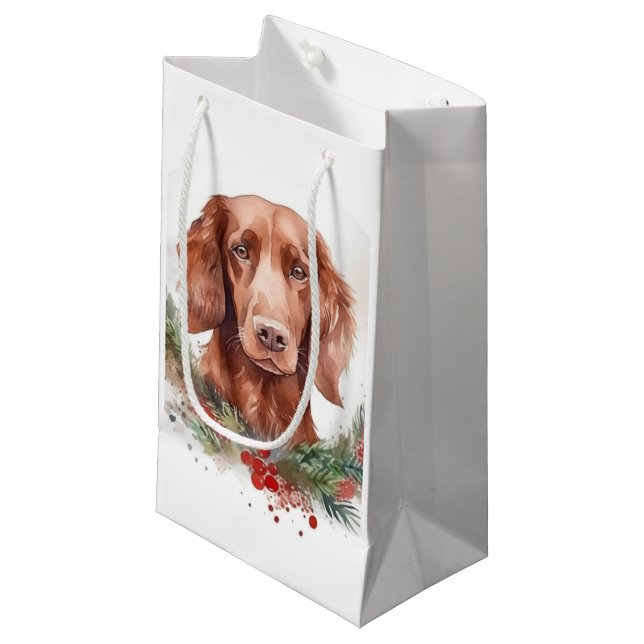 Sacola Para Presentes Pequena Irlandês Red Setter Christmas Wreath Festivo Pup (Frente inclinada)