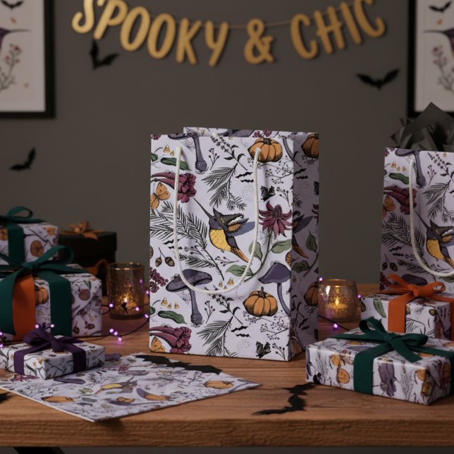 Sacola Para Presentes Pequena Jardim Floral do Hummingbird de Spookeen (Spooky & Chic Hummingbird Halloween Floral Gift Bag in Purple for Fall Party, Halloween Birthday. )