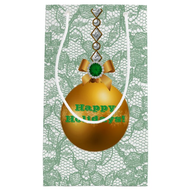 Sacola Para Presentes Pequena Jewel de Ornamento Dourado de Bola Verde Faux Lace (Frente)
