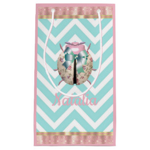 Sacola Para Presentes Pequena Joaninha listra rosa azul floral fofa