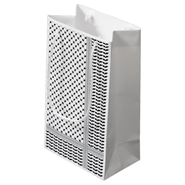 Sacola Para Presentes Pequena Keffiyeh preto e branco palestino (Verso inclinado)