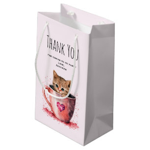Sacola Para Presentes Pequena Kitten em um Teacup com Festa do Coração Obrigado