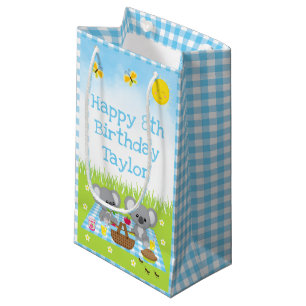 Sacola Para Presentes Pequena Koala Bears Picnic Blue Gingham Parabéns