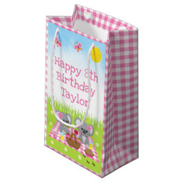 Sacola Para Presentes Pequena Koala Bears Picnic Pink Gingham Feliz Aniversário