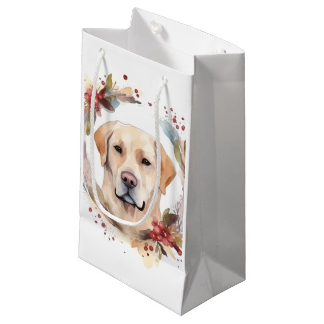 Sacola Para Presentes Pequena Labrador Christmas Wreath Festivo Pup (Frente inclinada)