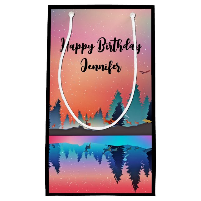 Sacola Para Presentes Pequena Lago de inverno Cênico com Veado (Frente)