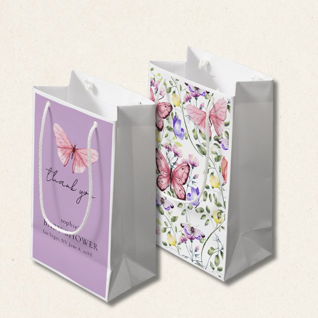 Sacola Para Presentes Pequena Lavender Pink Butterfly Greenery Baby Shower (Criador carregado)