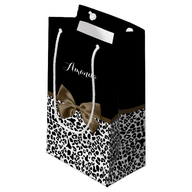 Sacola Para Presentes Pequena Leopard Imprime Arco castanho sofisticado com nome (Frente inclinada)