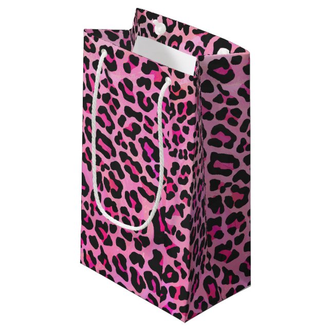 Sacola Para Presentes Pequena Leopardo, Impressão preto e rosa quente (Frente inclinada)