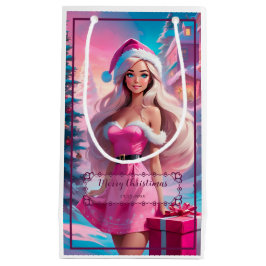 Sacola Para Presentes Pequena Linda garota de Natal rosa 01