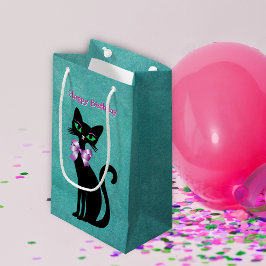 Sacola Para Presentes Pequena Lindo Gato Preto Aniversário Olhos Verdes Laço Ele