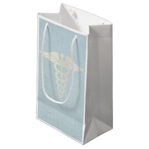 Sacola Para Presentes Pequena Linho azul elegante do símbolo médico do Caduceu