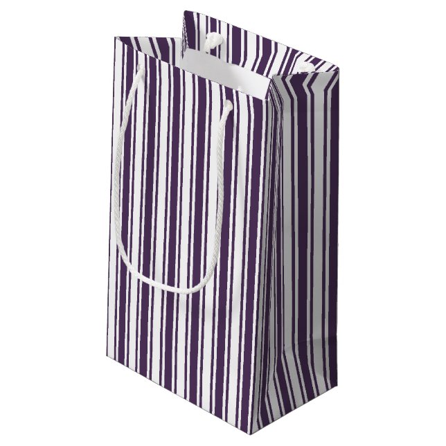 Sacola Para Presentes Pequena Listras de doces brancas e roxas escuras (Verso inclinado)